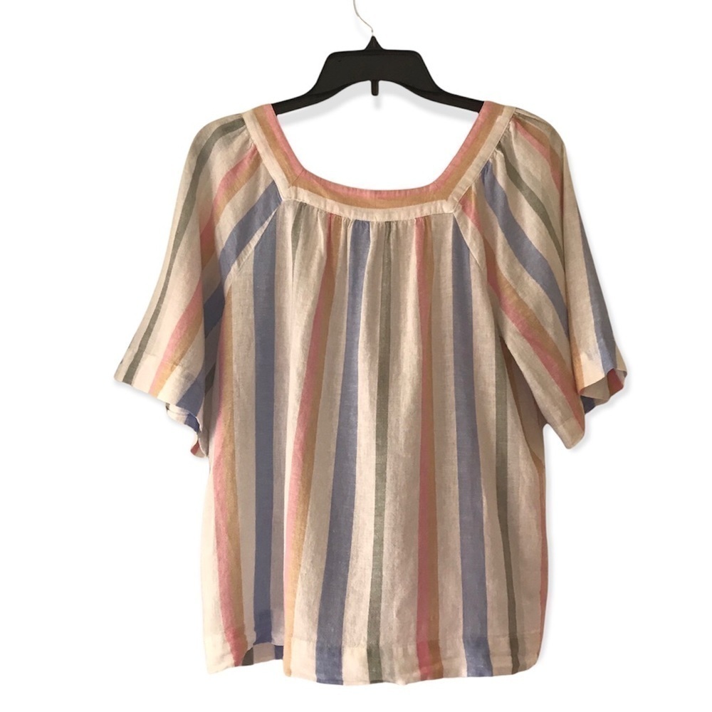 GAP Short Sleeve Square Neckline Multi Stripe Loose Fit Linen Blend Blouse - Picture 2 of 12